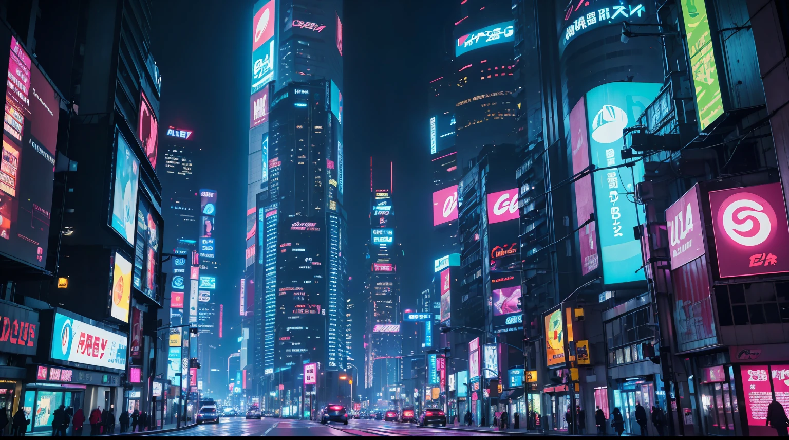 Ultra calidad, foto realismo, Tokio ciberpunk, mega futuristic cyberpunk street with tall buildings and led lighting, Lots of neon lights, carteles luminosos led, television screens in buildings, Flying vehicles, naves espaciales volando