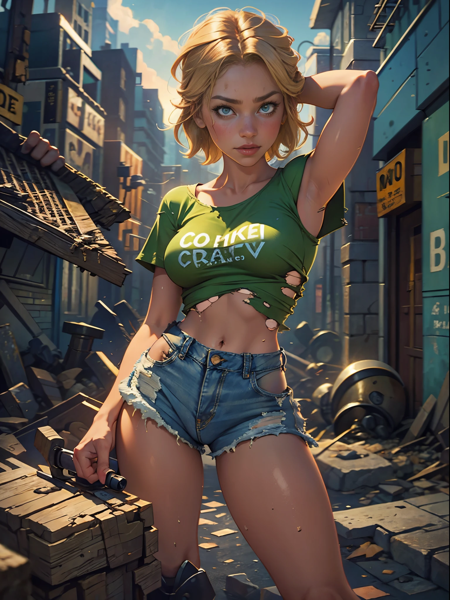 2076 year. The Urban Ruins of the Wasteland, Female huntress picking fruit in the garden, beautiful face, blonde, badly torn shirt and denim shorts , long legs, sweating through, sun rising, Nice warm colors, head to toe full body shot