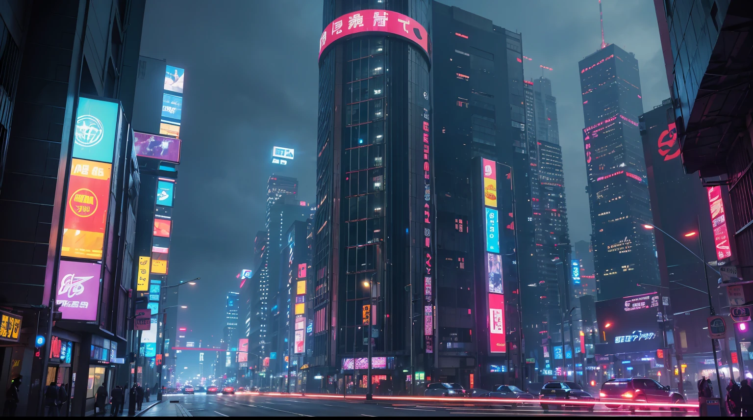 Ultra calidad, foto realismo, Tokio ciberpunk, mega futuristic cyberpunk street with tall buildings and led lighting, Lots of neon lights, carteles luminosos led, television screens in buildings, Flying vehicles, naves espaciales volando