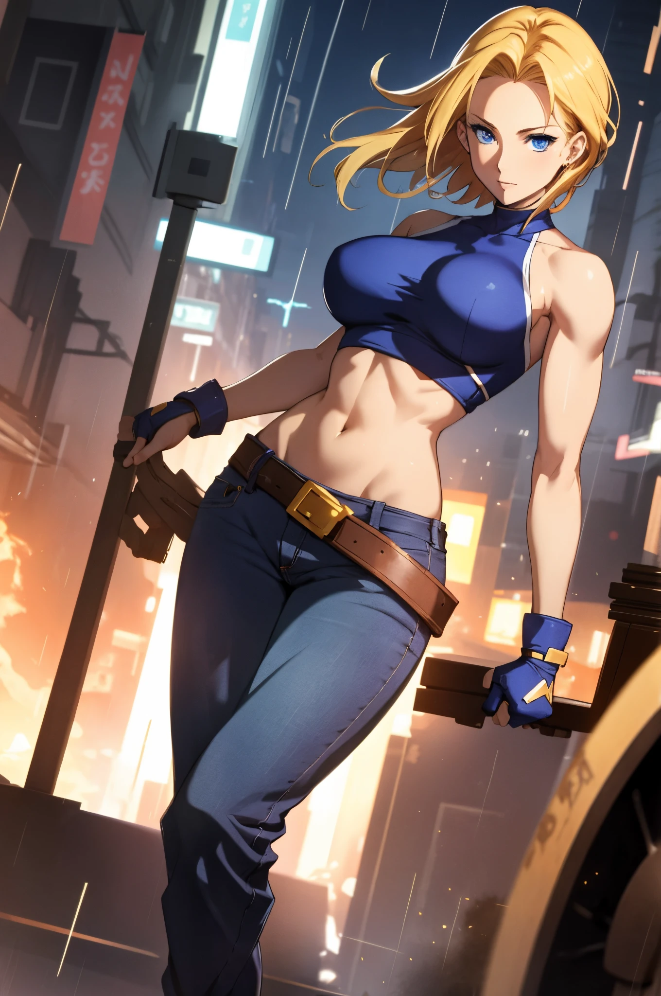 maryms, Best quality,(Big breasts are beautiful), 1 plump girl,physically-based renderingt ,Ultra-high sharpness,Willow waist，Red underwear, Skinny, multiple sclerosis. Leona ,Muscular, Big blue eyes,legs long,denim pant,A virgin,Small under breasts,Puffy eyes, A virgin,(rainy city), Skin glows, face to the viewer, Winning pose,