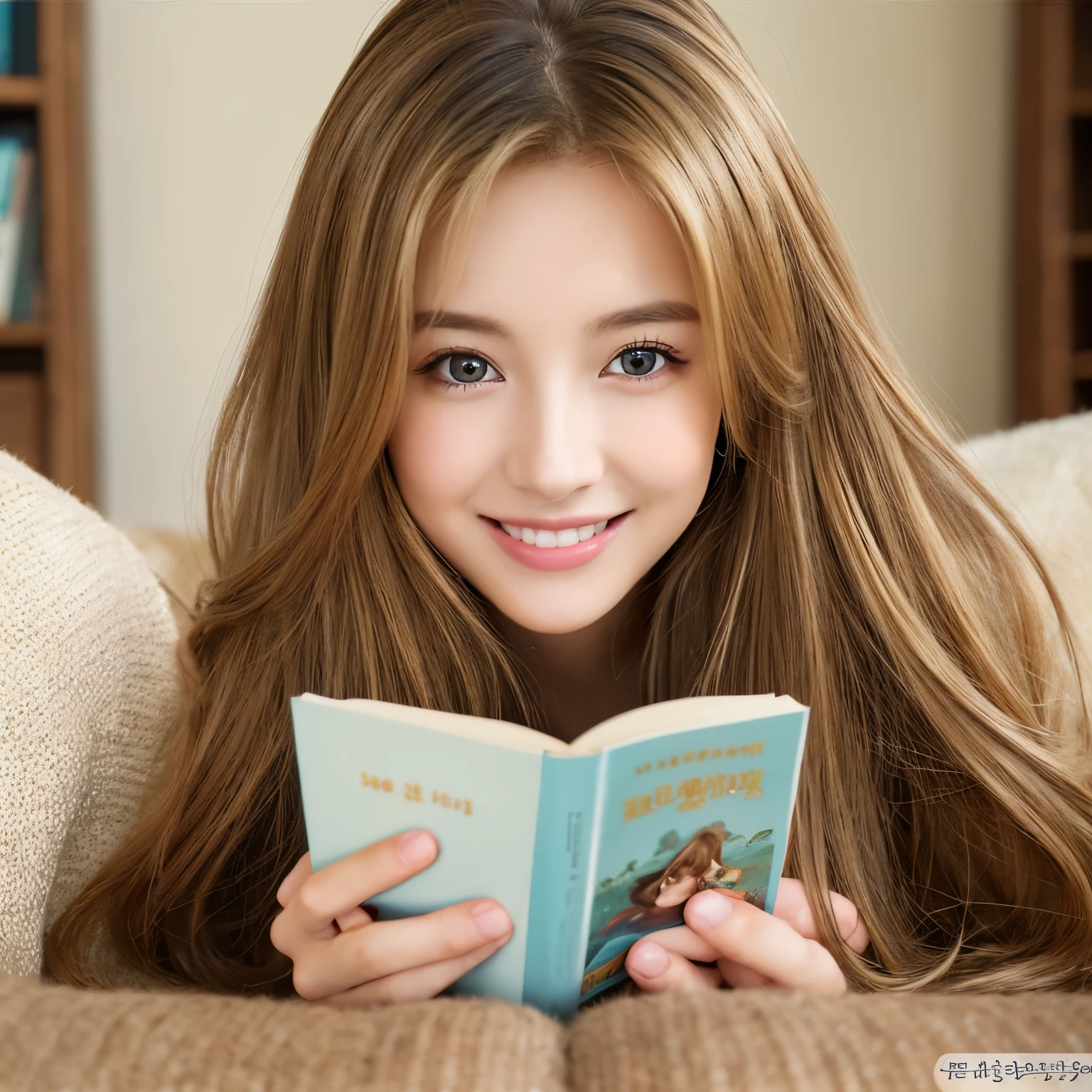 top-quality、masterpiece、(Photorealsitic:1.4)、1girl in、smile eyes、(ulzzang -6500-v1.1:1.0)、a blond、Brown eyes、20yr old、Beautuful Women、女優、Reading a book