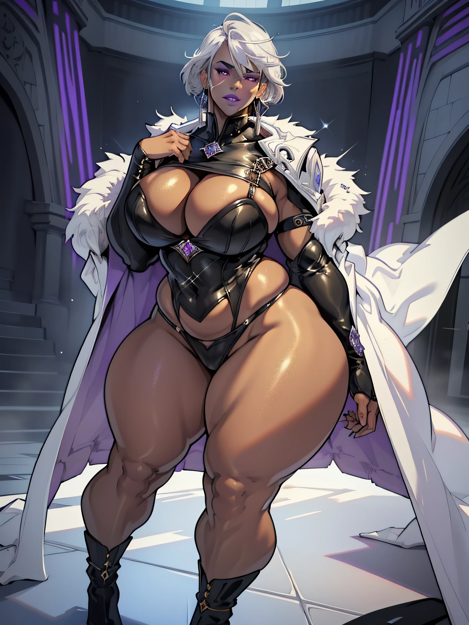 Elaborate CG artwork, (best qualtiy, exquisite detailing, absolute masterpiece, beautifull detailed face, Beautifully detailed sharp eyes,), (Head to Toe Image)), ((Full body image)),((posterior view)),(Opening legs),(plus size model)),((white short cape with fur,wearing sexy BDSM gear)), (((Black skin))),(((Light silver hair))), ((shorth hair,Graduation Bob)),(1 milf,beautiful with dark skin、white short cape with fur,wearing sexy BDSM gear),Detailed beautiful mature face, Highly detailed beautiful face and sharp eyes, (detailed seductive and sharp eyes), (plump shiny purple lips)), (Purple Eye Shadow), blush, (Sadistic look), (Curvaceous), ( unbelievably huge curvaceous hips), (very huge sensual ass), (ridiculously massive thick thighs), (glittery skin), (wet oily skin), Fingernail Art, Jewelry, 手链, hoop earrings