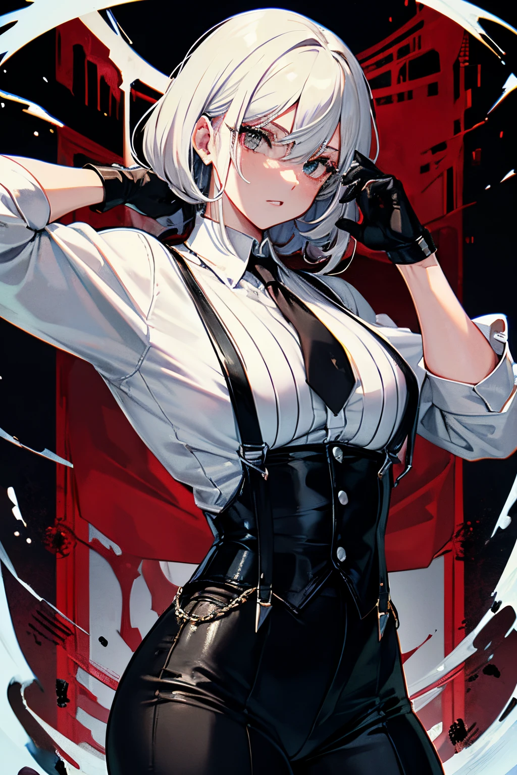 Gang boss, 1920's, muscular girl, white shirt, black suspenders, black gloves, blood
