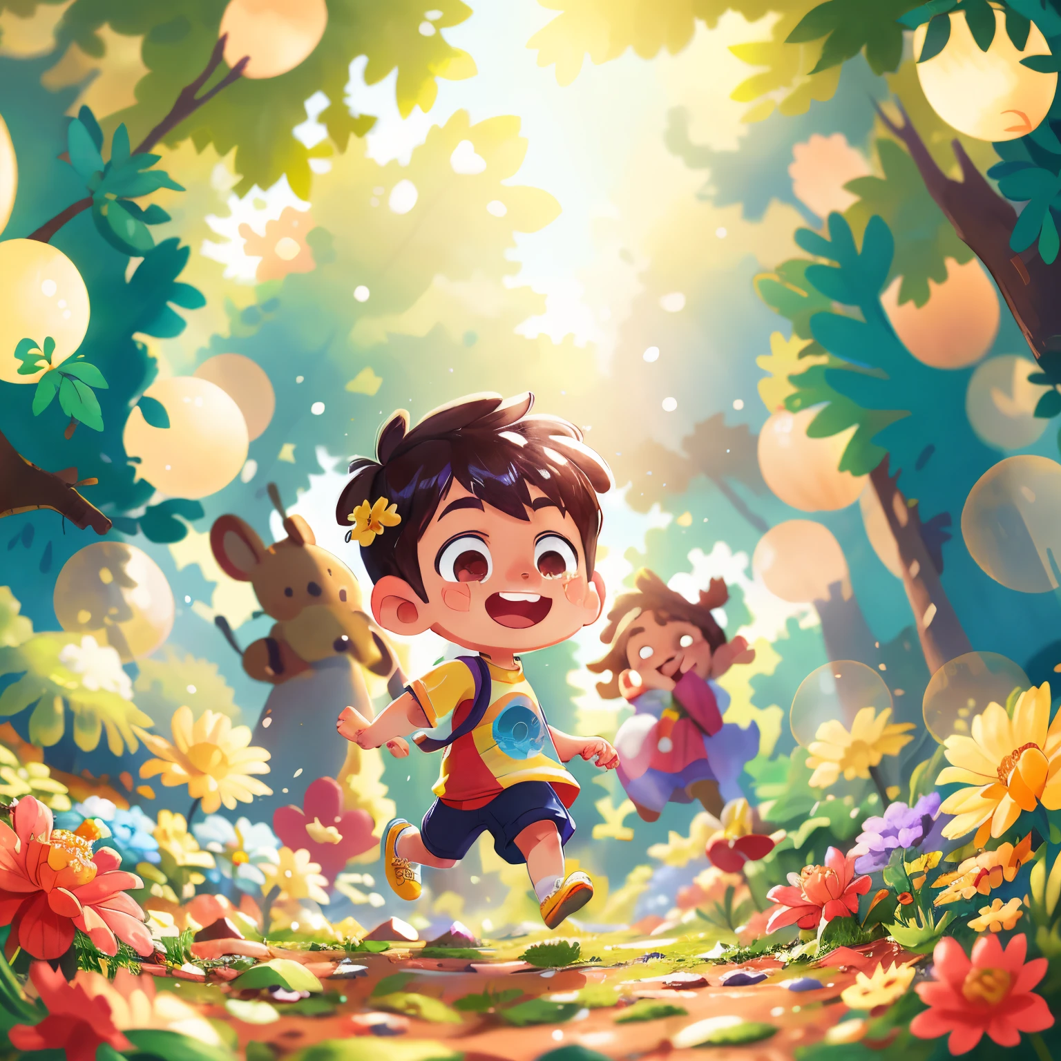 boy running、、(Brightness -50) perfectquality、Clear focus (Clutter-Home:0.8)、(​masterpiece:1.2) (realisitic:1.2) (bokeh dof) (top-quality) (detailed skins:1.3) (intricate-detail) (8K) (Eye of Detail) (foco nítido), (Happiness）