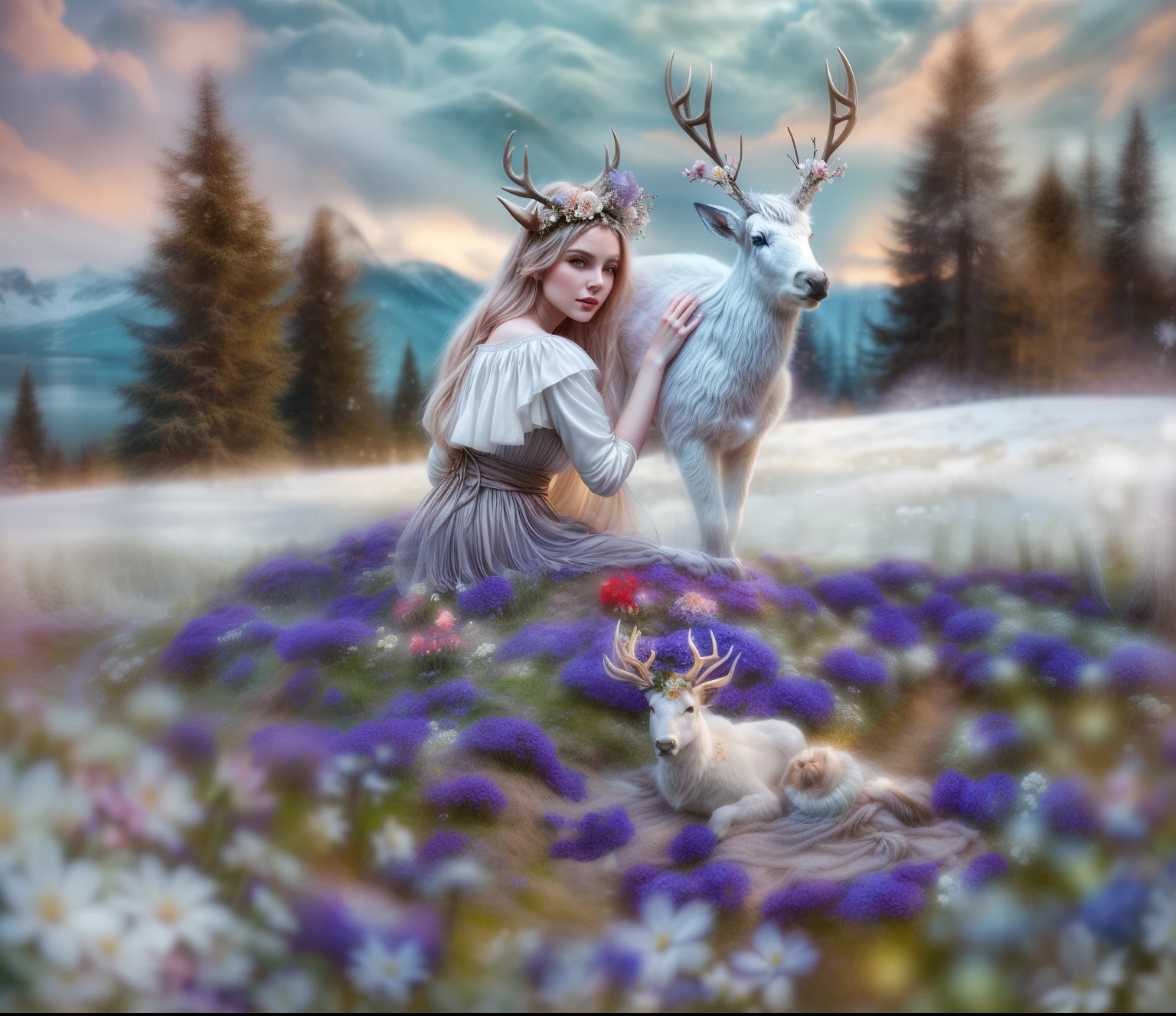 (a woman in a white++++++ gown), (sitting with deer in the snow), (((graceful horns on the head))), ((((((flowers around deshushki : 1,75)))))), Fantasy photography, fantasy matte painting,Cute, inspired by the Limburg brothers, lost in a dreamy fairy landscape, The White Witch, Young woman with horns, Anna Boch, by Emma Andijewska, Lucia Peka, ethereal fairytale, beautiful nordic woman, with magical creatures, Realistic fantasy photography, inspired by Anka Zhuravleva, Anka Zhuravleva, Pale ivory skin