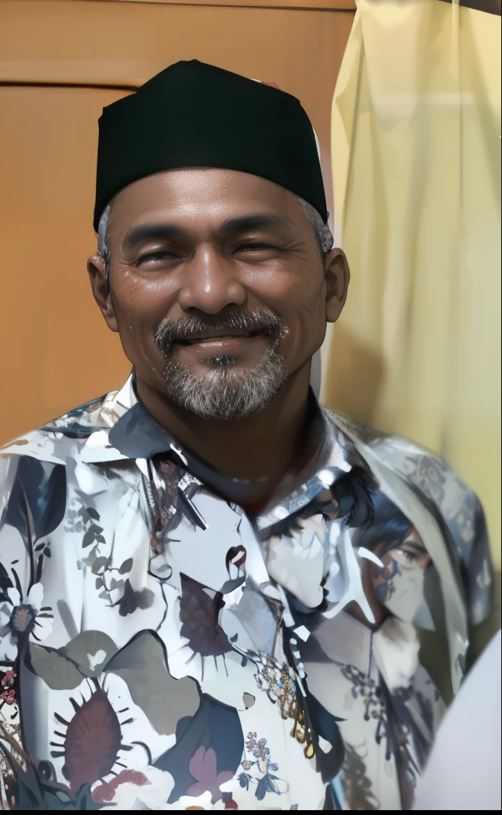 smiling man in a floral shirt and hat standing next to a man in a white shirt,Wearing a kopyah traditional Indonesian head covering, brown skin, 50 years old, portrait picture