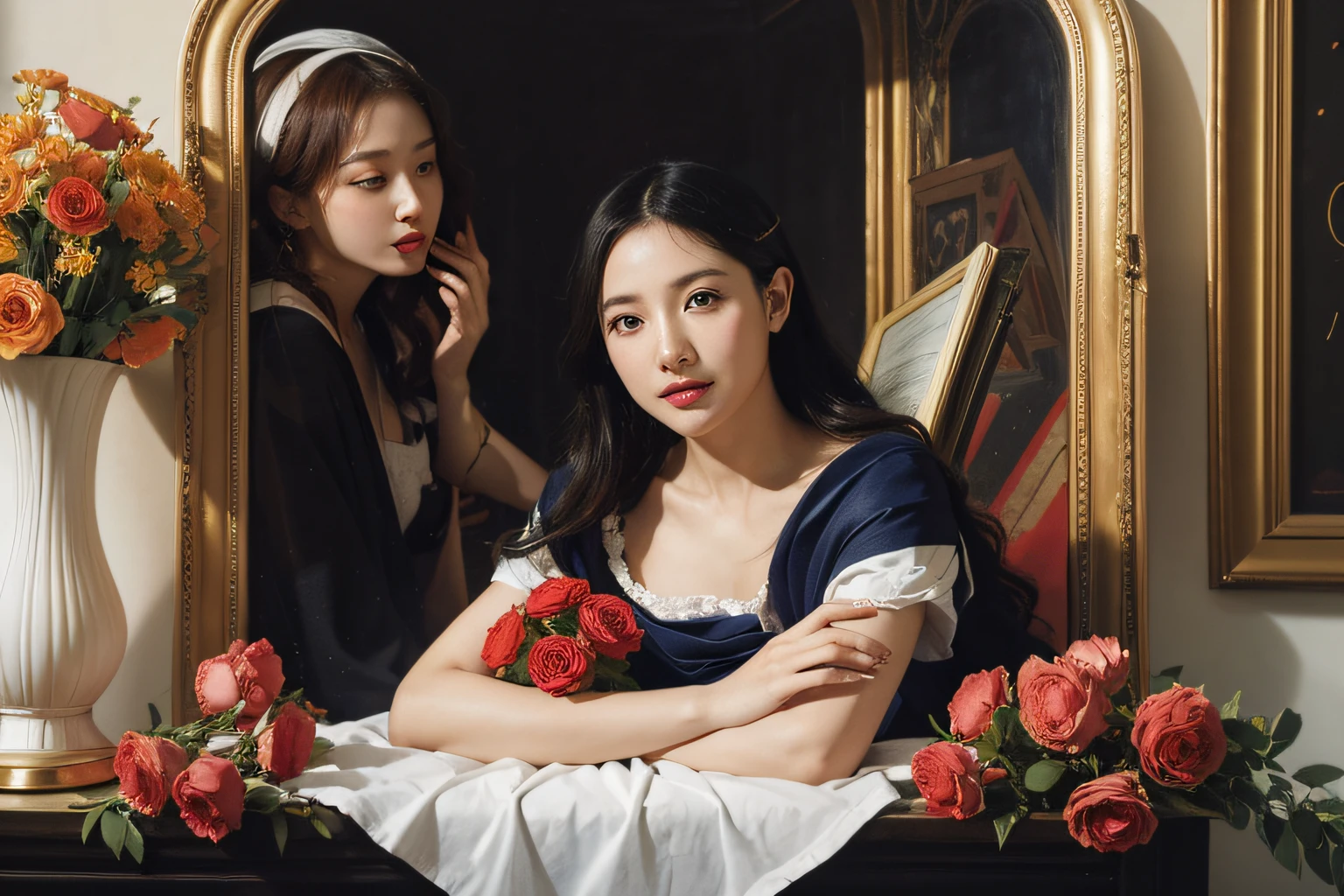 Geometry,astronault,quantum mechanics,Math,Astronomical machinery,astronault.Roses in a vase.fruits,Colossal tits,A smile.Ancient Greek costumes,Paintings by Sandro Botticelli。Costume with stretched shoulders,huge smile,Chiaroscuro of Caravaggio,Cute smile, Expression of ecstasy,A sexy