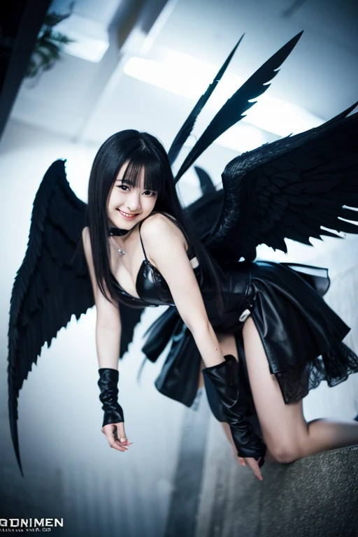 from below,full body,floating,1girl,very long black hair,evil smile,fallen angel,