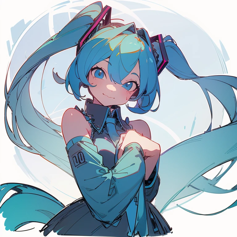Ultra Detailed, Masterpiece, Best Quality, 独奏, Cowboy shot, facing viewer, soft smile, slight smile, sketch style, 1girl,(hatsune miku:1.2),gray-blue dress, Double tails, Beautiful, bright colours,light-blue hair,dark blue eyes, Sparkling eyes