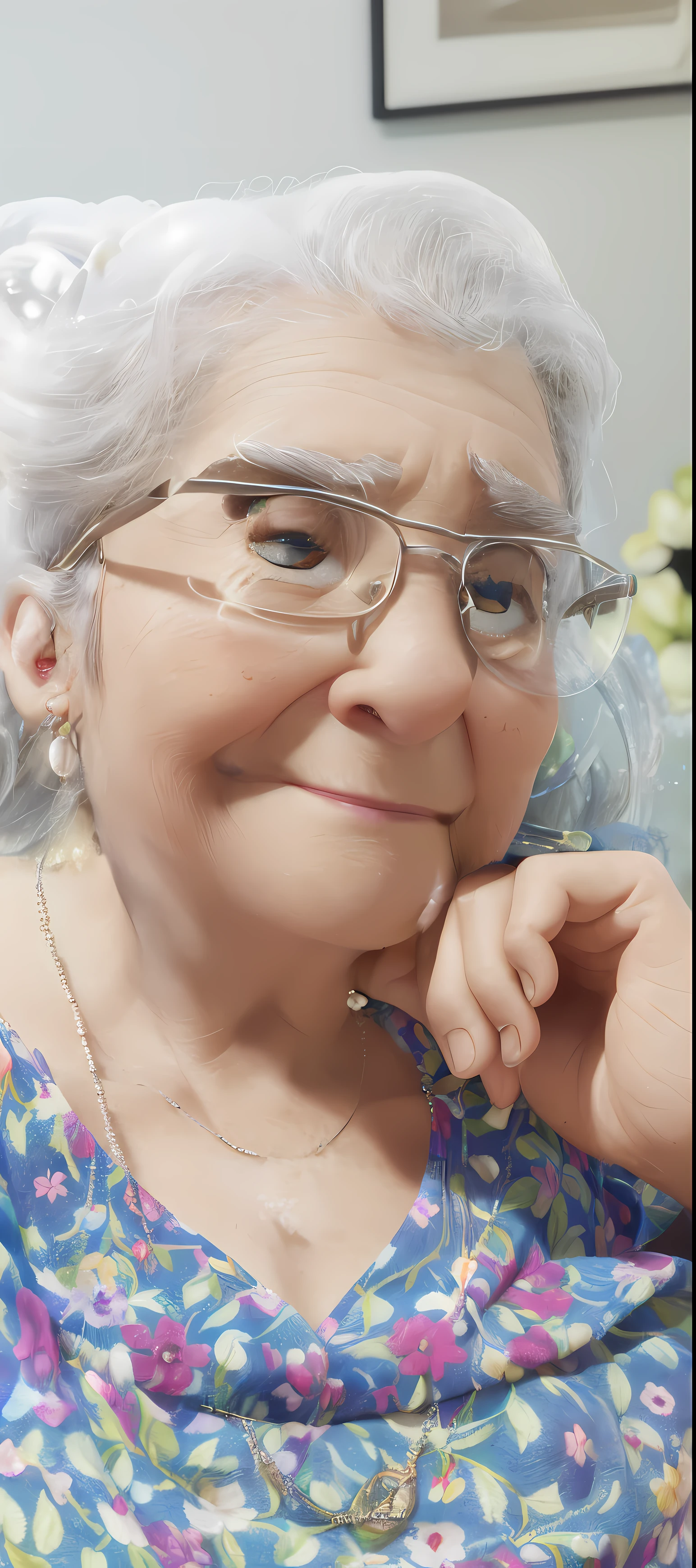 (best quality,4k,Estilo Pixar),belos olhos detalhados,beautiful detailed lips,olhos e rosto extremamente detalhados,sobrancelhas longas,pele enrugada,aged appearance,[gordura],[wearing glasses],[Cabelos brancos curtos],[wearing earrings and pearl necklace],[vestido florido],vivid colors,studio lighting,foco nítido,Physically-based rendering,extreme detail description