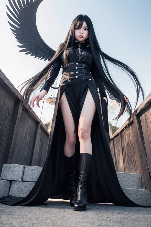 from below,full body,floating,fallen angel,1girl,very long black hair,evil smile,