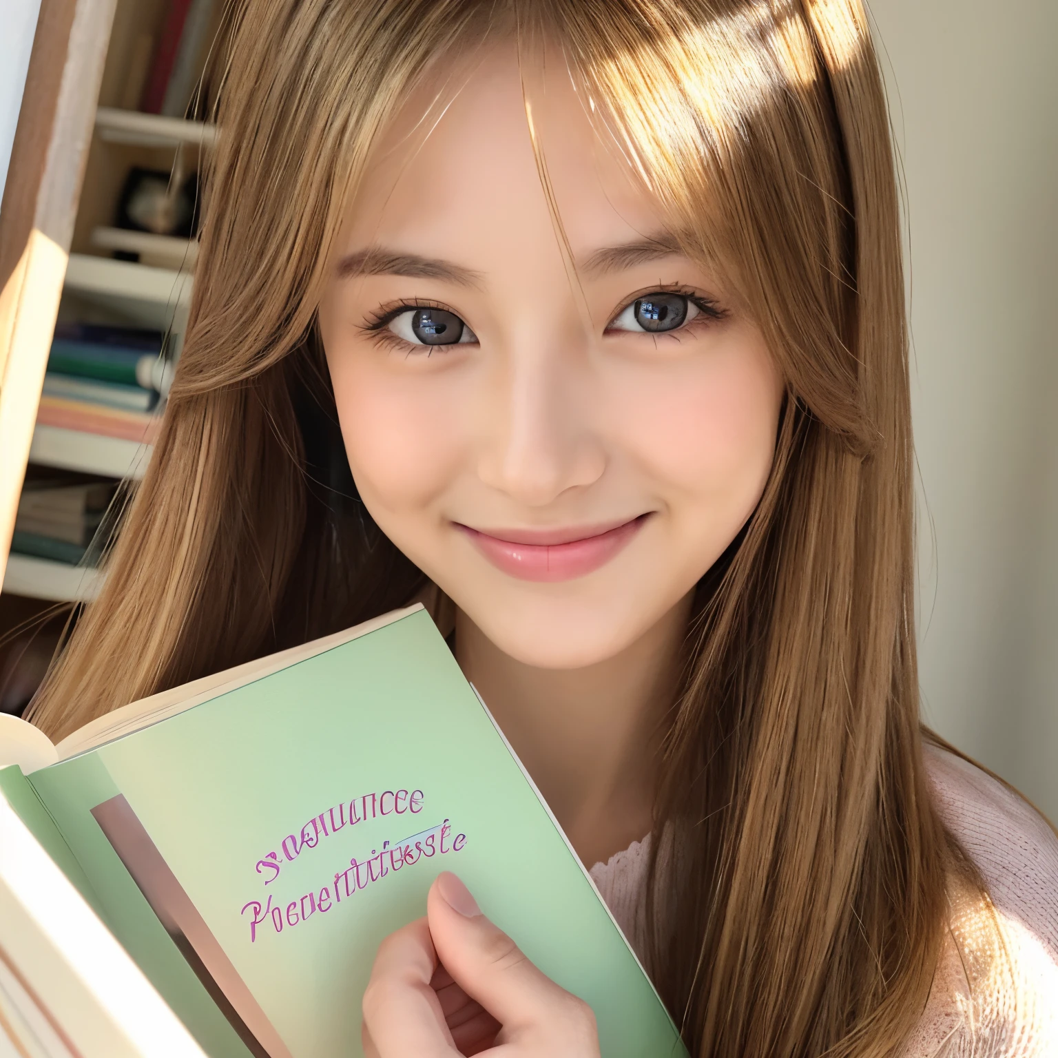 top-quality、masterpiece、(Photorealsitic:1.4)、1girl in、smile eyes、(ulzzang -6500-v1.1:1.0)、a blond、Brown eyes、20yr old、Beautuful Women、女優、Reading a book
