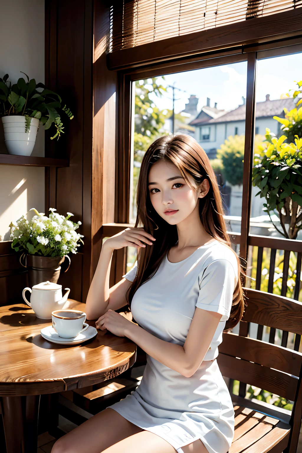 best quality,4k,8k,highres,masterpiece:1.2,ultra-detailed,realistic:1.37,girl(s),beautiful detailed eyes,beautiful detailed lips,extremely detailed face,soft natural lighting,casual outfit,intimate atmosphere,coffee aroma,barista preparing coffee,espresso machine,artistic latte art,cozy corner,comfortable seating,wooden furniture,plants and flowers,delicate porcelain cups,various types of coffee beans,coffee grinder,coffee beans in burlap sacks,classic vintage espresso machine,cappuccino with frothy milk,aromatic coffee brewing,rich and smooth coffee taste,sun rays streaming through windows,soft color palette,relaxing background music,calm and peaceful ambiance,gentle clinking of cups,artisanal coffee,steaming cup of coffee in hand,indoor balcony with potted plants,bookshelf filled with novels and magazines,sunlit interiors,inviting atmosphere,friendly and attentive staff.