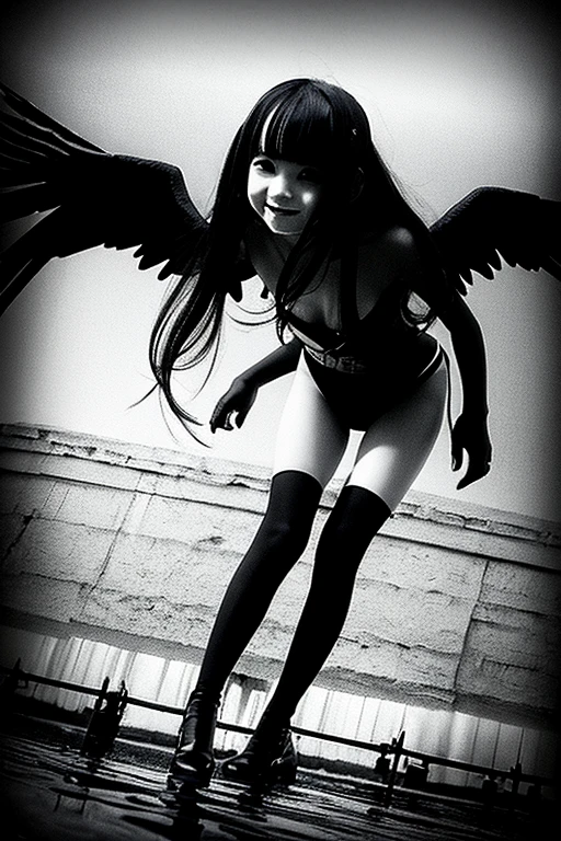 from below,full body,floating,fallen angel,1girl,very long black hair,evil smile,