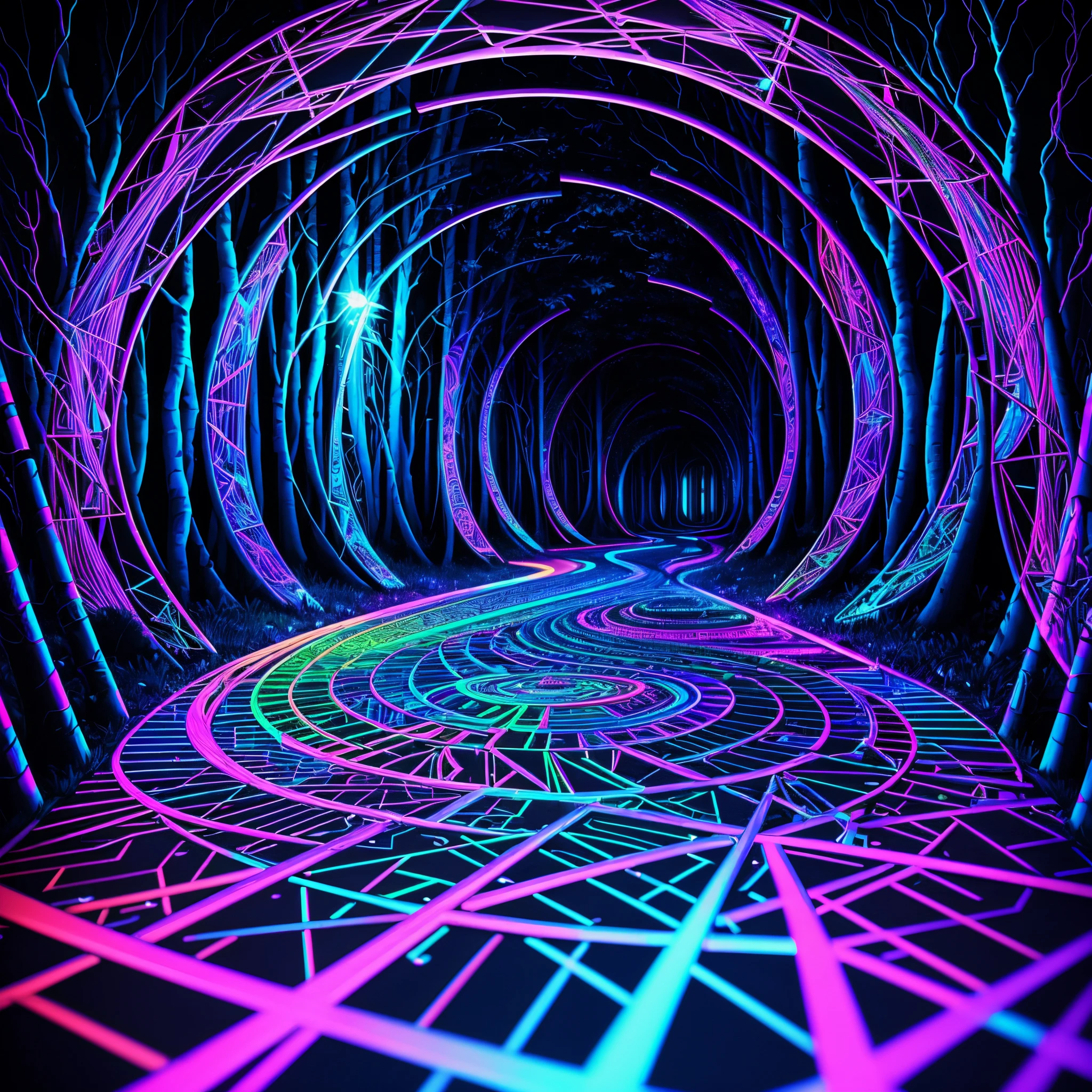 Blacklight draws a path to the center of the frame, Hejig, Vibrant colors, a 3D render, Computer, circuit, motherboard, electric cables, at a forest,(Black light art:1.5)