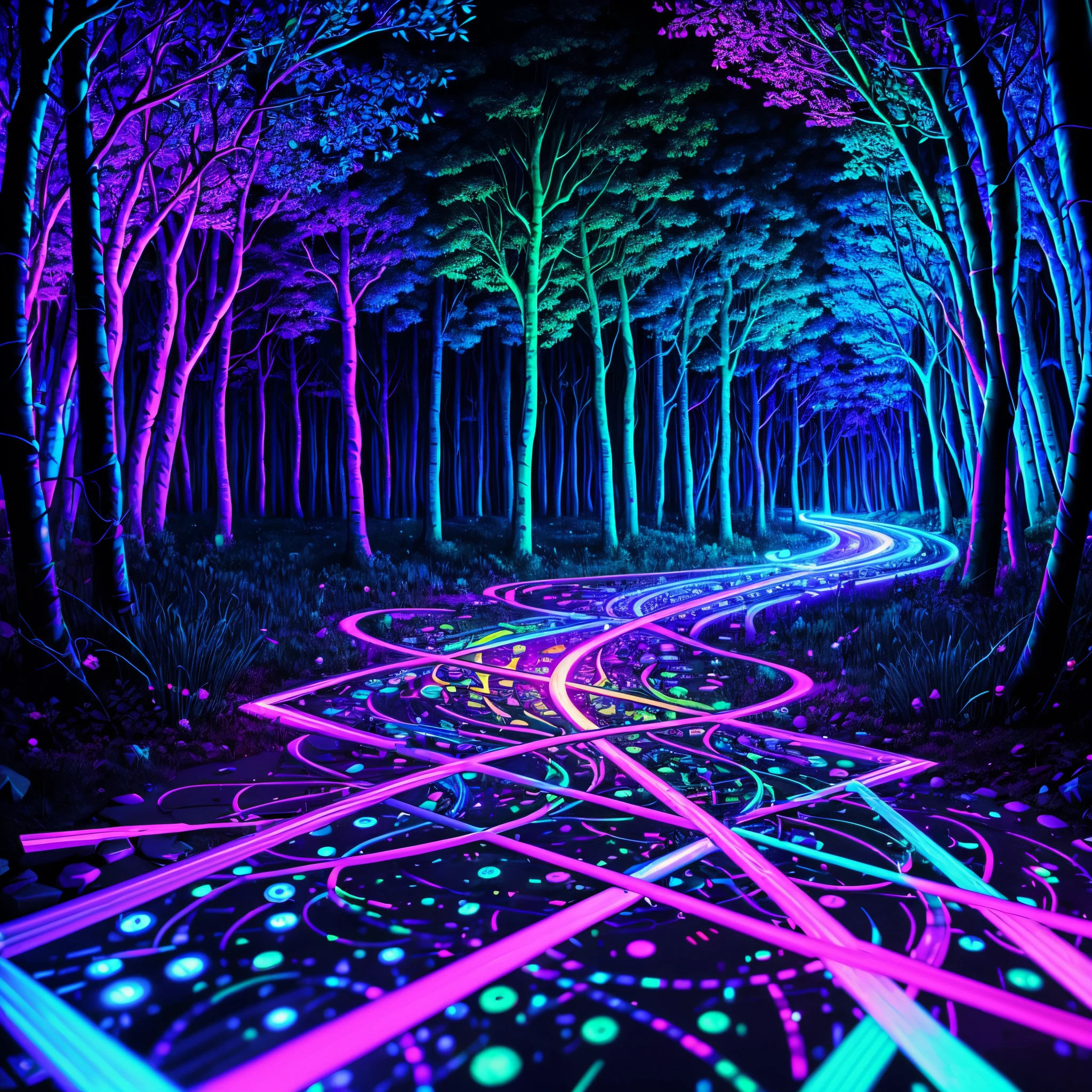 Blacklight draws a path to the center of the frame, Hejig, Vibrant colors, a 3D render, Computer, circuit, motherboard, electric cables, at a forest,(Black light art:1.5)