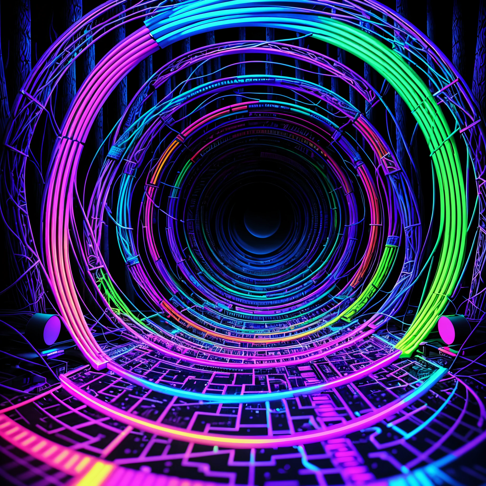 Blacklight draws a path to the center of the frame, Hejig, Vibrant colors, a 3D render, Computer, circuit, motherboard, electric cables, at a forest，（Black light art：1.5）