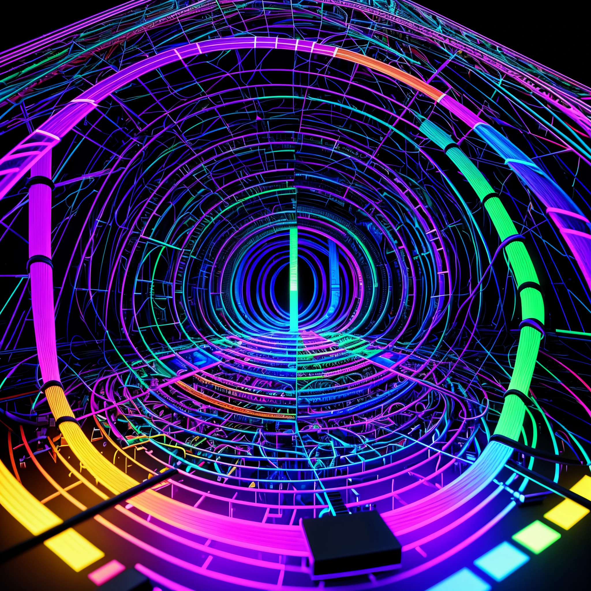 Blacklight draws a path to the center of the frame, Hejig, Vibrant colors, a 3D render, Computer, circuit, motherboard, electric cables, at a forest,(Black light art:1.5)