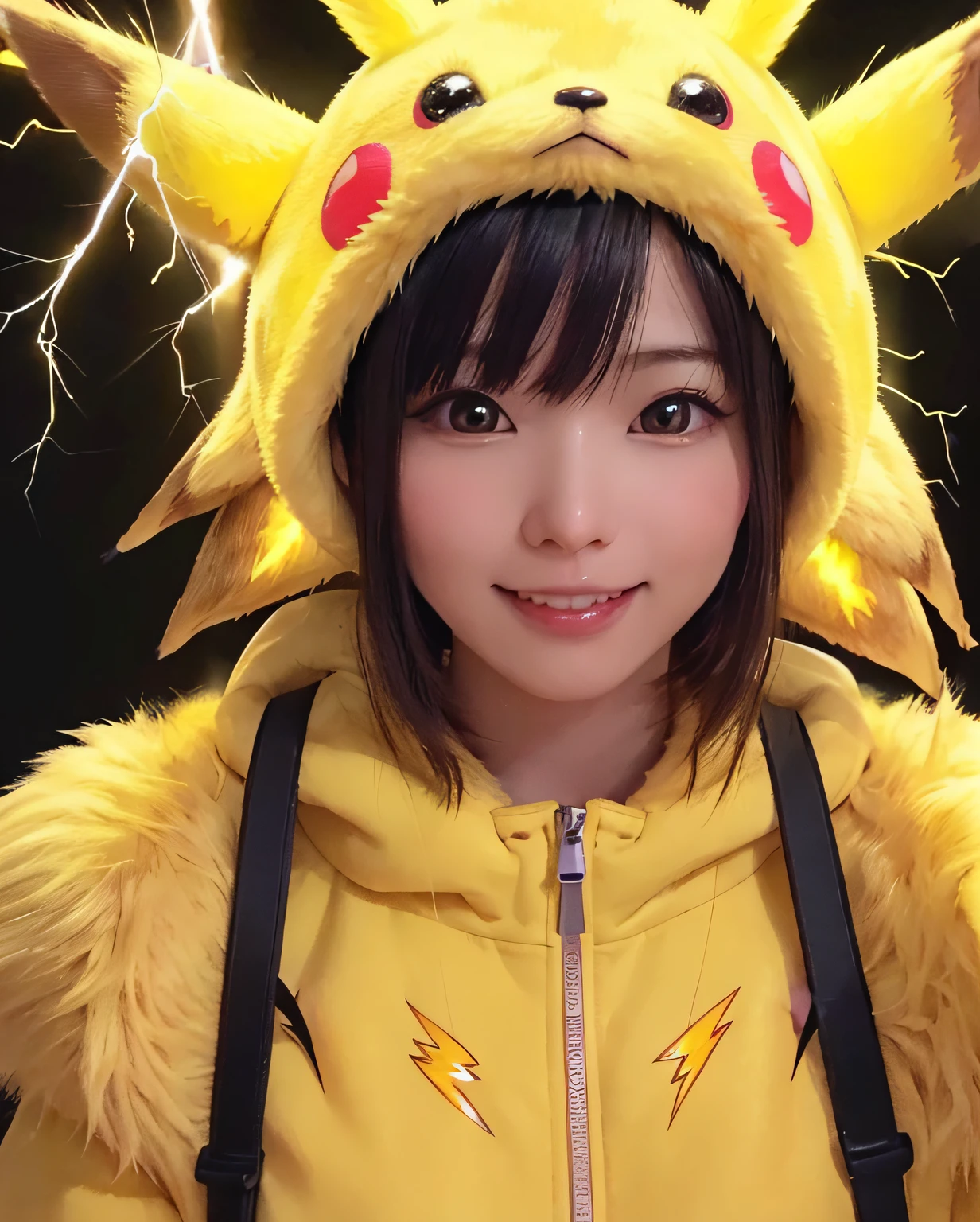 30-years old, kawaii,Adorable, Face Focus , Pikachu Costume,(yellow fur coat)、(Yellow lightning on a dark background:1.5)、 japanaese girl, Low contrast, Smile, Best Quality, 超A high resolution, photographrealistic, ultra-detailliert, 8K, Raw photo, masuter piece、(Pikachu)