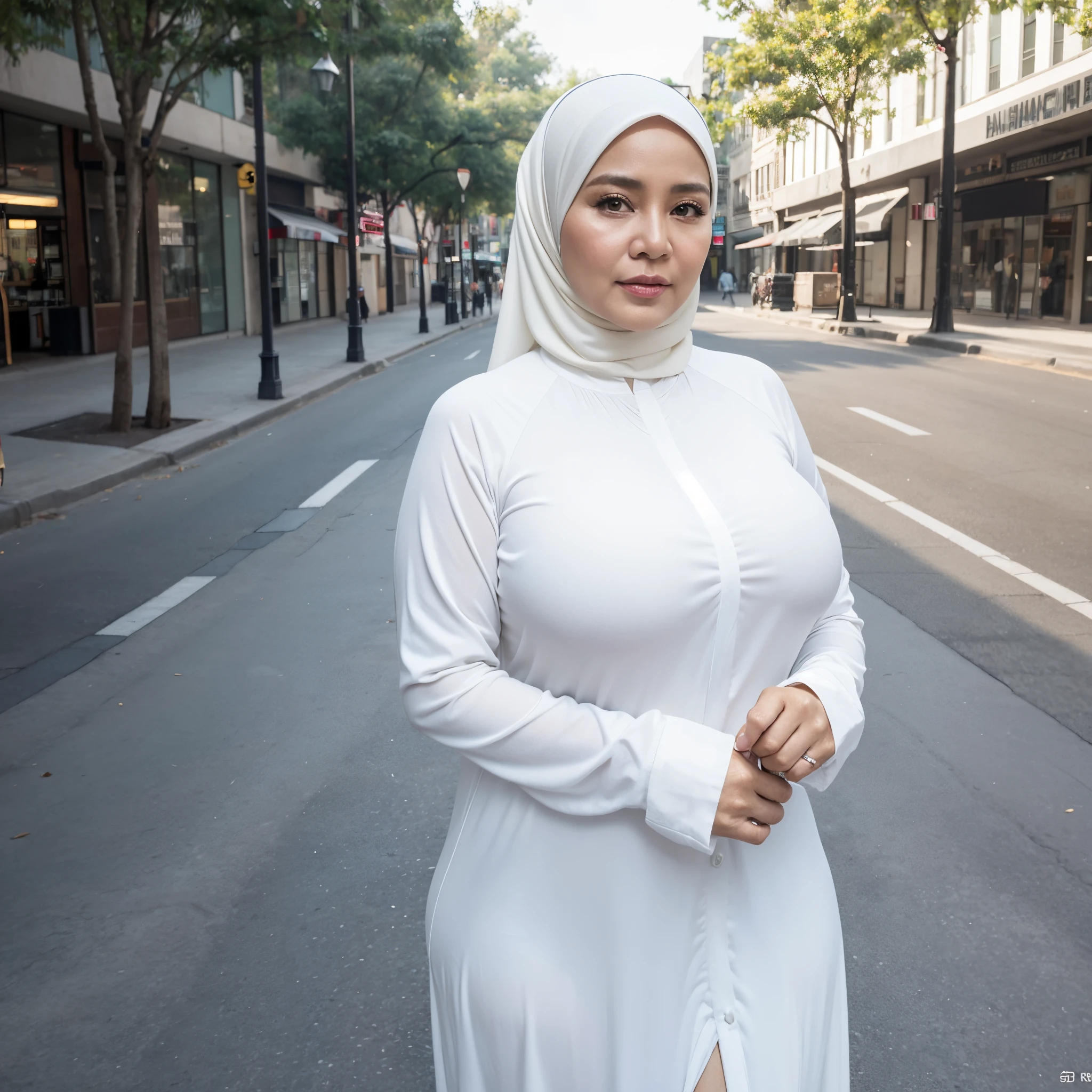 56 years Old, Hijab Indonesian mature woman, Big Mature Tits : 48.9, Long-Sleeve Shirt, white skin like porcelain, Curvy body, at Street, High light, at Day time, 128K HDR Best Quality Photo