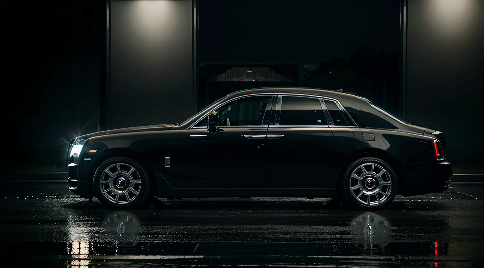 Rolls-Royce luxury car, Tokyo skyscrapers, rainy night, photorealistic, dark theme, from the side