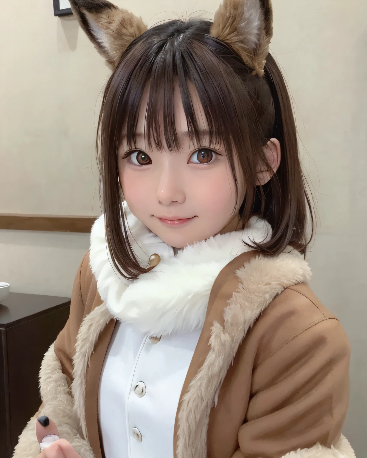 12year old, kawaii,Adorable, Face Focus , eevee costume, ((Brown fur coat))、(White muffler)、japanaese girl, Low contrast, (Smile:0.8), hair scrunchie, Best Quality, 超A high resolution, photographrealistic, ultra-detailliert, 8K, Raw photo, masuter piece、(((Eevee)))