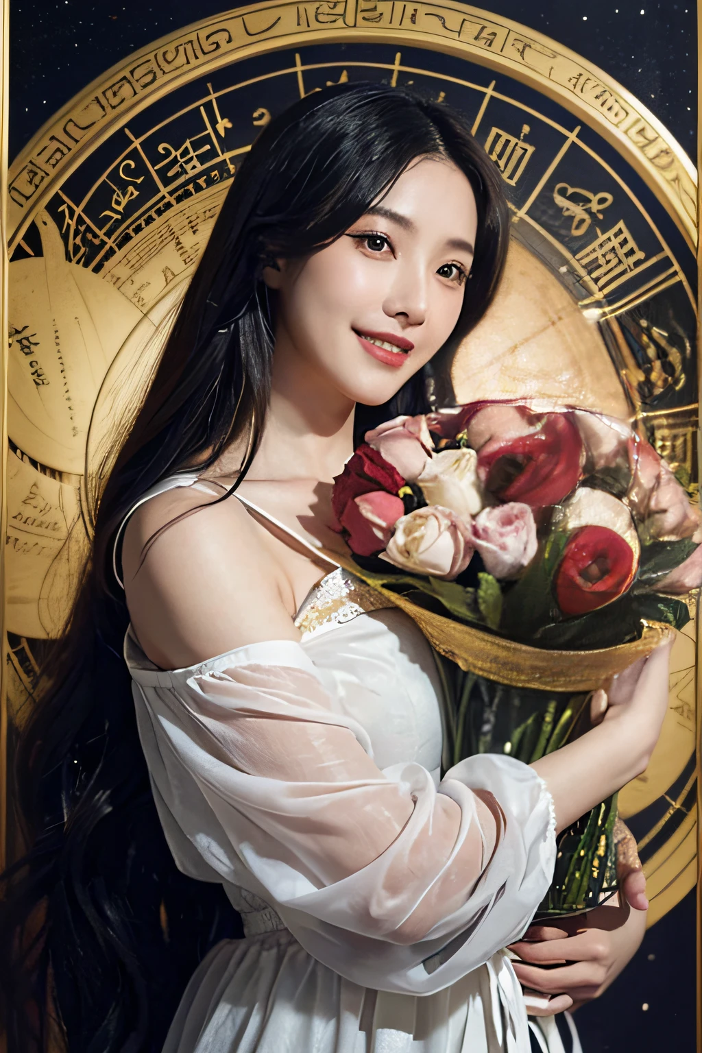12 zodiac signs,quantum mechanics、Math、Astronomical machinery、astronault、Roses in a vase、fruits、,Colossal tits,A smile、Ancient Greek costumes、Paintings by Sandro Botticelli。Costume with stretched shoulders,huge smile,Chiaroscuro of Caravaggio,Cute smile, Expression of ecstasy,A sexy