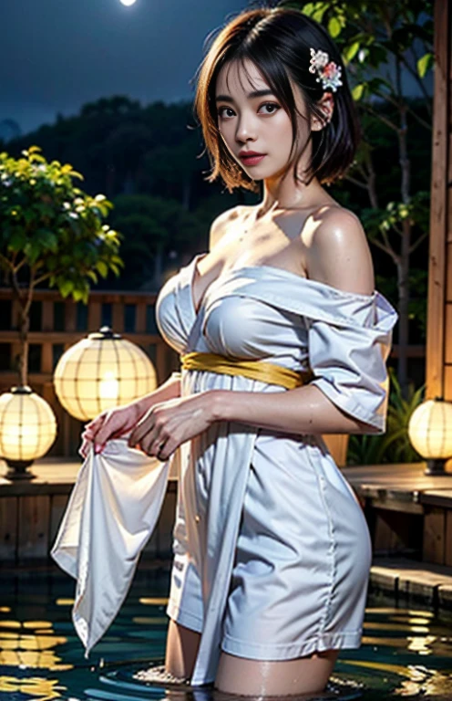 1girl, breasts, moon, lantern, night, solo, large breasts, hair ornament, wet, kimono, japanese clothes, wading, water, hair flower, flower, outdoors, sky, full moon, rain, black hair, off shoulder, mountain, cloud, holding, sash, bare shoulders, paper lantern, standing, white kimono, night sky, sideboob, obi, wet clothes, bangs, tree, from side, reflection, short hair, cloudy sky, wet hair (((masterpiece),(extremely detailed CG unity 8k wallpaper),best quality,,solo,1girl,cinematic lighting,detailed background,beautiful detailed eyes,bright pupils, (an extremely delicate and beautiful),(Beautiful and detailed eye description)， ultra-detailed,masterpiece,)),