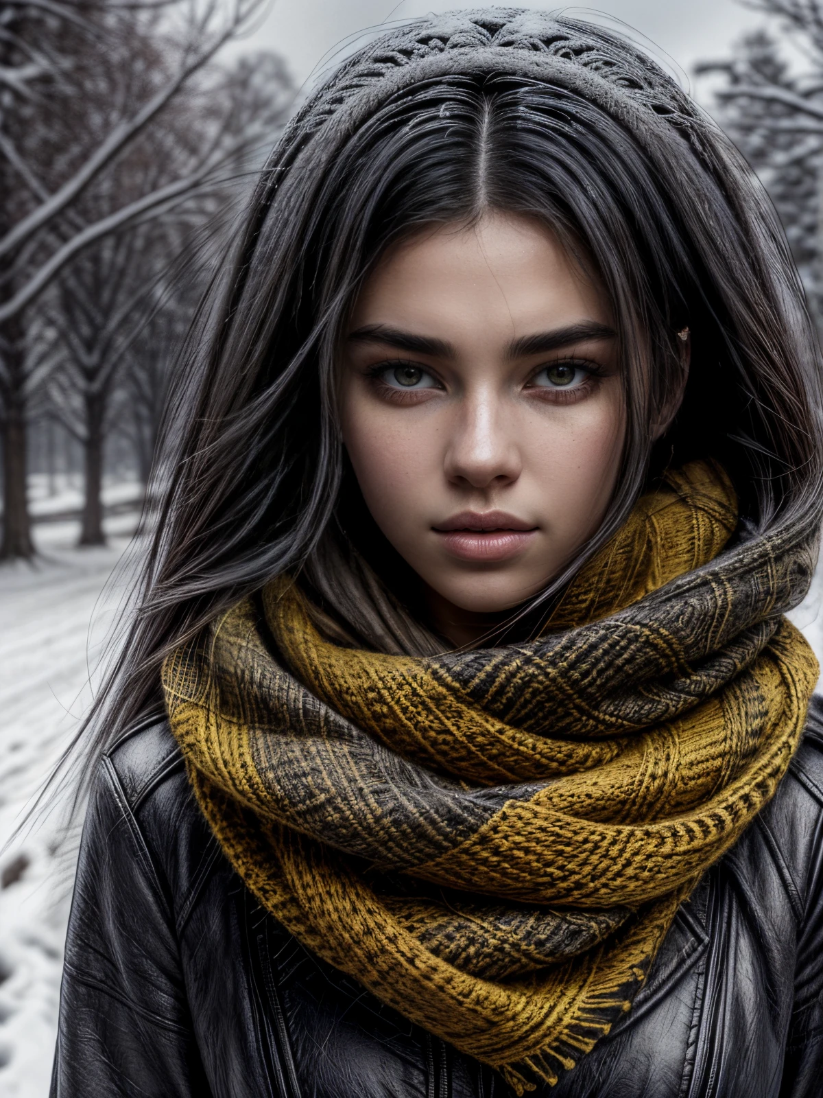 photo of a gorgeous young ebony girl 16years old, dua lipa, very long hair, very big yellow eyes, realistic skin texture, look down, black Knitted scarf, yellow jacket, black leggings, slender hips, stunning woman, . Model show, sexy pose, Soft Kama Sutra, 8 k high definition, insanely detailed, intricate, elegant, shot by professional photographer Amanda Carlson, winter, snow day, (more snow:1.3),