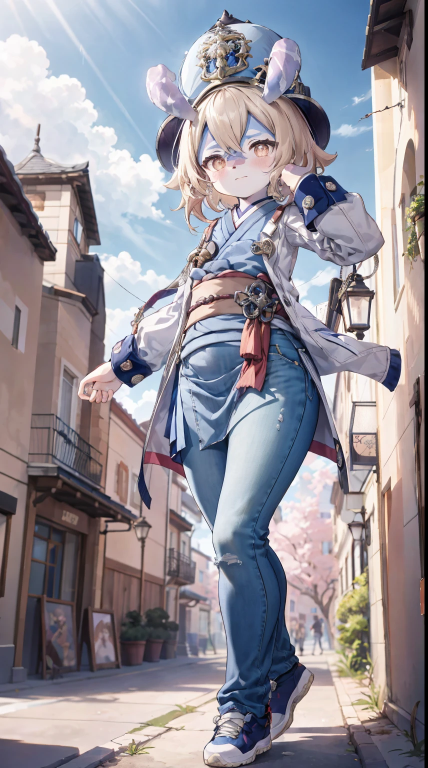 Melousine|genshin impact, masterpiece, bestquality,3 girl,young girl, japanese school uniform, unstable _Front,oily shiny skin,flat chest,nice leg line:1.3,thick thighs, thin-waist,, red_streaks_light_wrap_dress, white_platform_sneakers, woven_El_bag, straw_headgear, gold_hoop_earrings, jacket, In a 19th century French town, long jeans city scenery,looking at the audience,From Top:1.2,dynamic angle