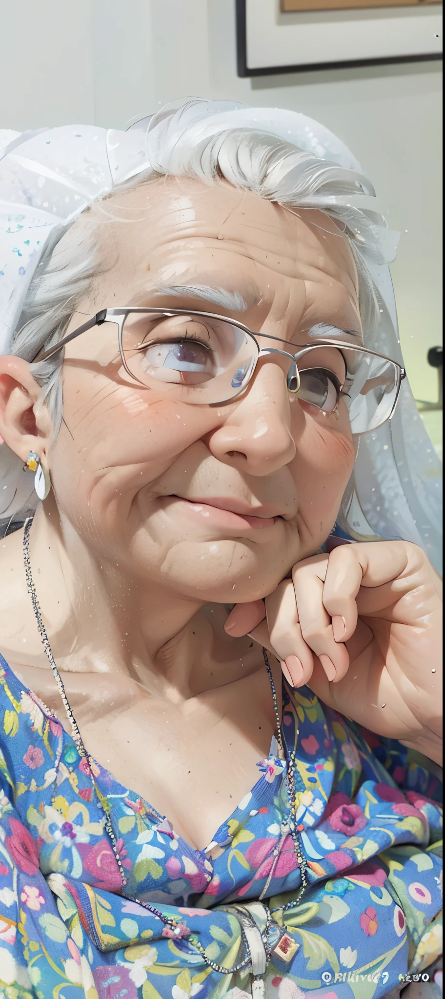(best quality,4k,pixar style),beautiful detailed eyes,beautiful detailed lips,extremely detailed eyes and face,long eyebrows,wrinkled skin,aged appearance,[fat],[wearing glasses],[short white hair],[wearing pearl earrings and necklace],[flowered dress],vivid colors,studio lighting,sharp focus,physically-based rendering,extreme detail description