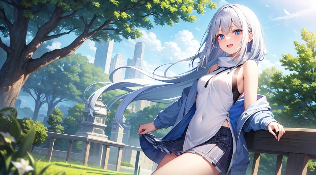 mid-shot, Look at viewers, hands behind back, girl with, 20 years old, Very short hair, long bangs between eyes, hair over shoulder, Grey Hair, Floating hair, ^ ^, pale blue eyes, Short dress, Hoodie, Skirt, Bare shoulder, White clothes, Blue sky, Nature, Sunlight, Extremely detailed,(masterpiece、top-quality)、独奏、1womanl、White hair、the tips of the hair are blue、Blue eyes、A smile、White skin as clear as snow、Fantastical,Small breasts, Silver hair, Blue eyes, Beautiful eyes, Teen Girl, Ecstasy, charmed, be smitten with audience, Hoodie, Hoodie with open front, fantastic landscape, Shoulder out,White muffler,open open mouth
