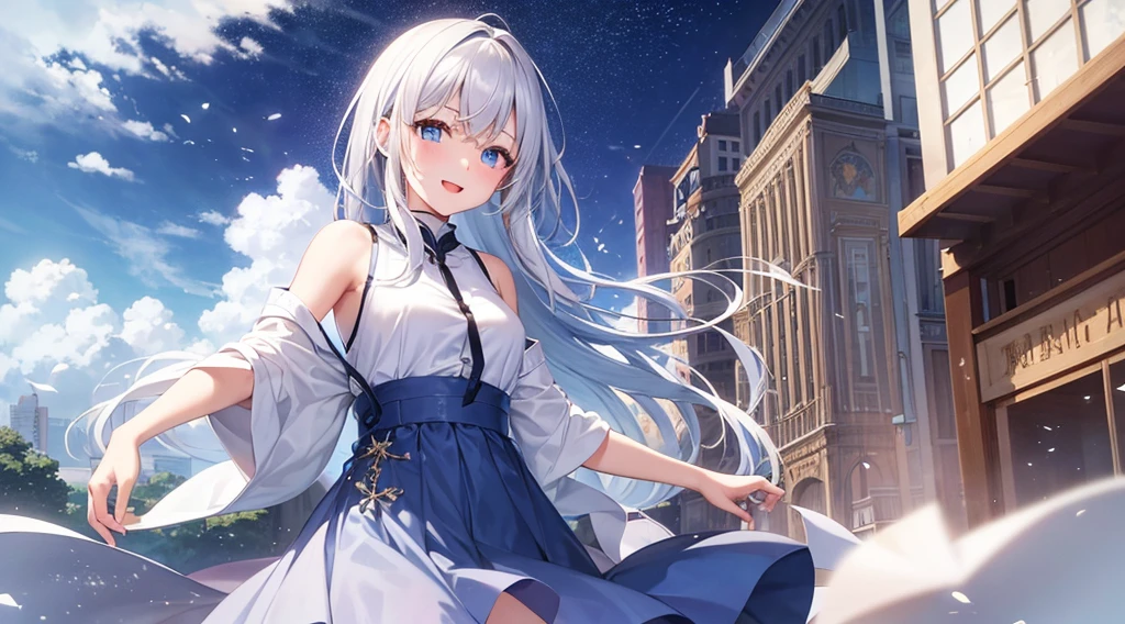 mid-shot, Look at viewers, hands behind back, girl with, 20 years old, Very short hair, long bangs between eyes, hair over shoulder, Grey Hair, Floating hair, ^ ^, pale blue eyes, Short dress, Hoodie, Skirt, Bare shoulder, White clothes, Blue sky, Nature, Sunlight, Extremely detailed,(masterpiece、top-quality)、独奏、1womanl、White hair、the tips of the hair are blue、Blue eyes、A smile、White skin as clear as snow、Fantastical,Small breasts, Silver hair, Blue eyes, Beautiful eyes, Teen Girl, Ecstasy, charmed, be smitten with audience, Hoodie, Hoodie with open front, fantastic landscape, Shoulder out,White muffler,open open mouth