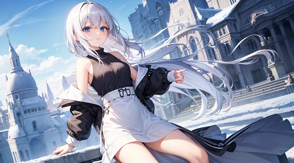 mid-shot, Look at viewers, hands behind back, girl with, 20 years old, Very short hair, long bangs between eyes, hair over shoulder, Grey Hair, Floating hair, ^ ^, pale blue eyes, Short dress, Hoodie, Skirt, Bare shoulder, White clothes, Blue sky, Nature, Sunlight, Extremely detailed,(masterpiece、top-quality)、独奏、1womanl、White hair、the tips of the hair are blue、Blue eyes、A smile、White skin as clear as snow、Fantastical,Small breasts, Silver hair, Blue eyes, Beautiful eyes, Teen Girl, Ecstasy, charmed, be smitten with audience, Hoodie, Hoodie with open front, fantastic landscape, Shoulder out,White muffler,open open mouth
