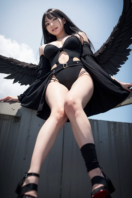 from below,full body,floating,fallen angel,1girl,very long black hair,evil smile,