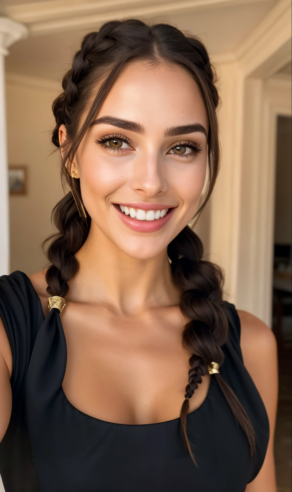 a close-up of a woman with a black blouse and braids, ela tem dentes brancos perfeitos, lindo rosto latino, olivia culpo, ela tem um rosto expressivo bonito, Violeta Myers, Cara Sexy, Cerveja Madison, she is smiling and excited, foto da beleza gal gadot, ela tem um rosto bonito, Cerveja Soft Devil Queen Madison, olhar sexy