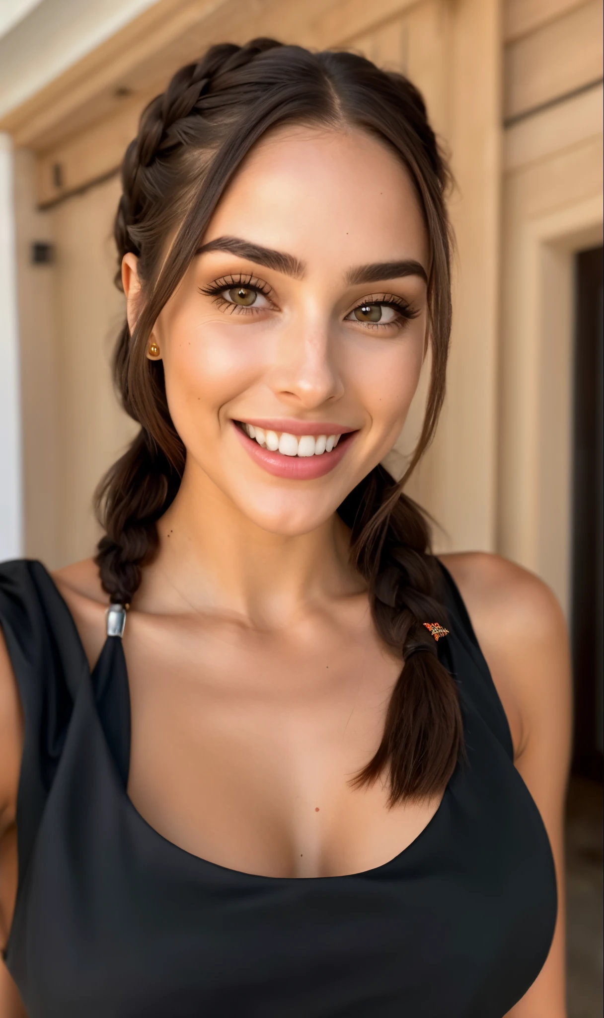 a close-up of a woman with a black blouse and braids, ela tem dentes brancos perfeitos, lindo rosto latino, olivia culpo, ela tem um rosto expressivo bonito, Violeta Myers, Cara Sexy, Cerveja Madison, she is smiling and excited, foto da beleza gal gadot, ela tem um rosto bonito, Cerveja Soft Devil Queen Madison, olhar sexy