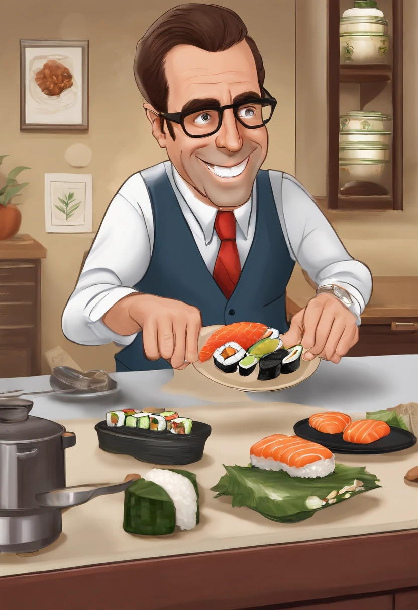 A photo of Michael attempting to learn how to make sushi,The Office TV show,Michael Scott, the fictional character from “The Office,” is a middle-aged man with a receding hairline and a penchant for ill-fitted suits, which adds to his somewhat awkward and unpolished appearance. He often carries a goofy, sometimes childlike expression, complementing his attempts to be liked and seen as humorous by his employees. , male