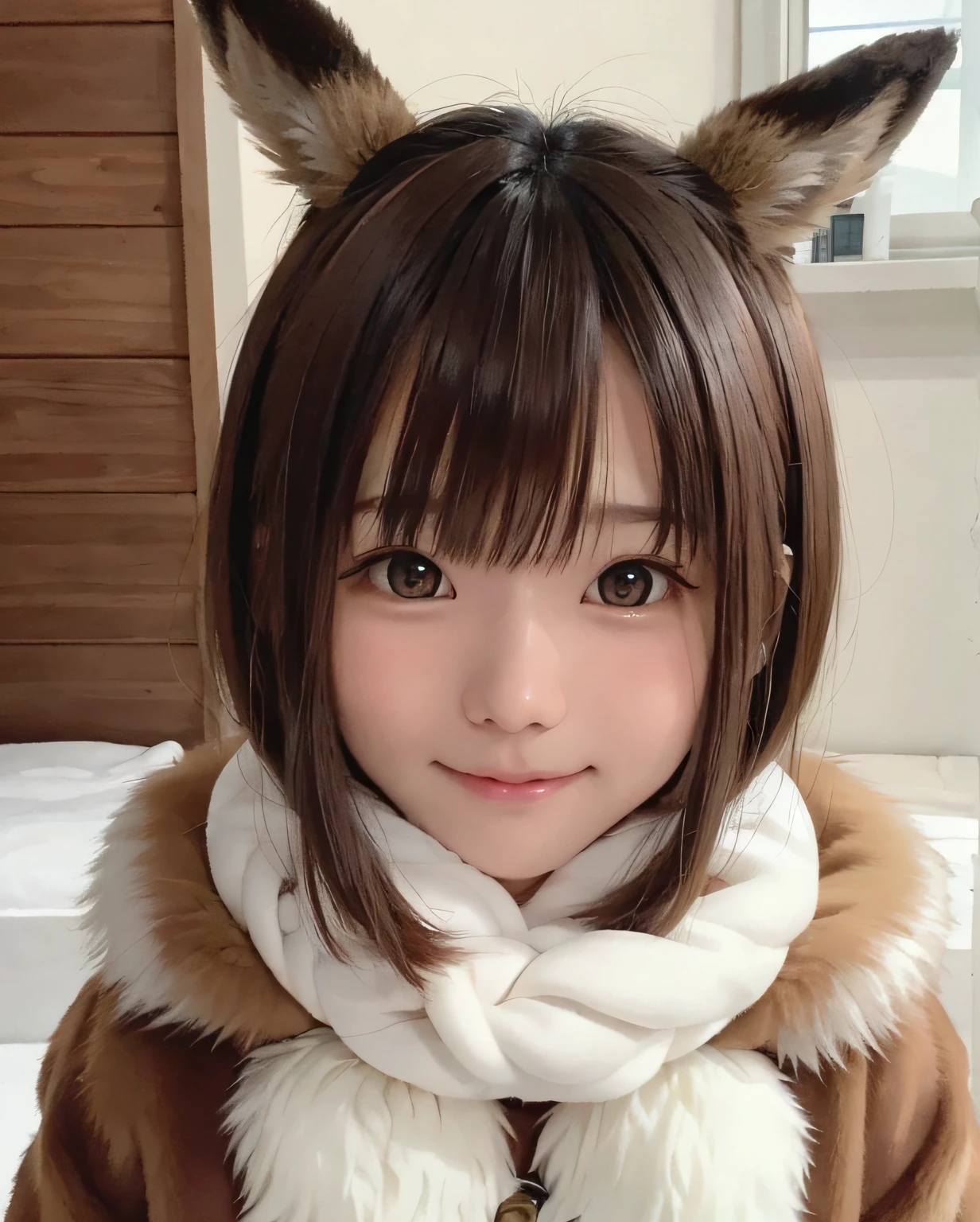 ar old,waii,Adorable, Face Focus , eevee costume, ((Brown fur coat))、(White muffler)、japanaese girl, Low contrast, (Smile:0.8), hair scrunchie, Best Quality, 超A high resolution, photographrealistic, ultra-detailliert, 8K, Raw photo, masuter piece、(((Eevee)))