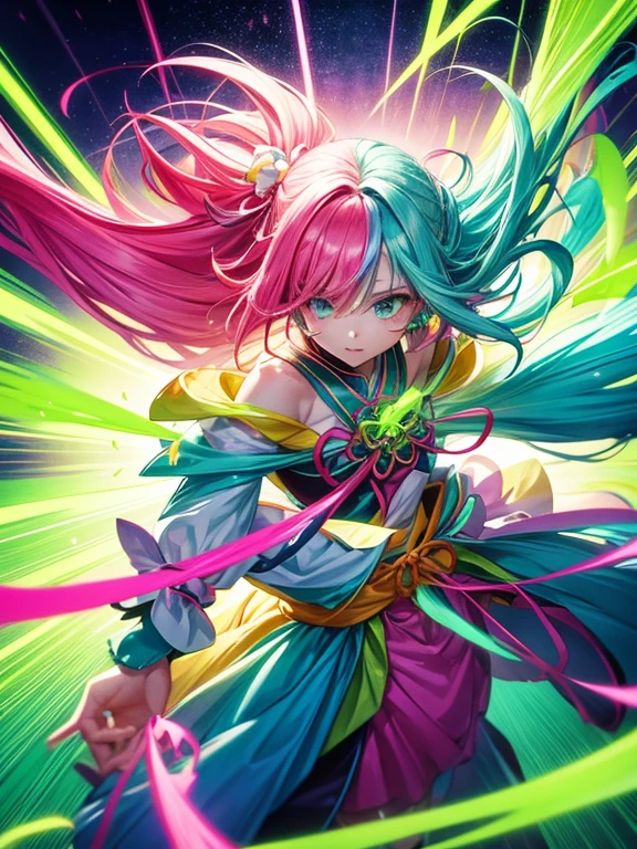 Fluorescent pink hair、Fluorescent Green Clothing、neon color、Vivid Color、western clothes、length hair、illustratio、Saturated colors、Dynamic angles、dynamicposes、Rin々Shishi Face、Dynamism、single、1人、femele