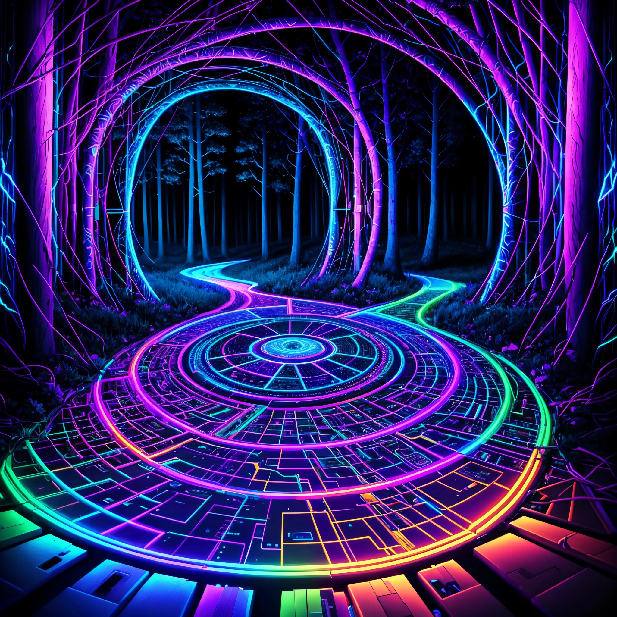 nigth,Blacklight draws a path to the center of the frame, Hejig, Vibrant colors, a 3D render, Computer, circuit, motherboard, electric cables, at a forest,(Black light art:1.5)