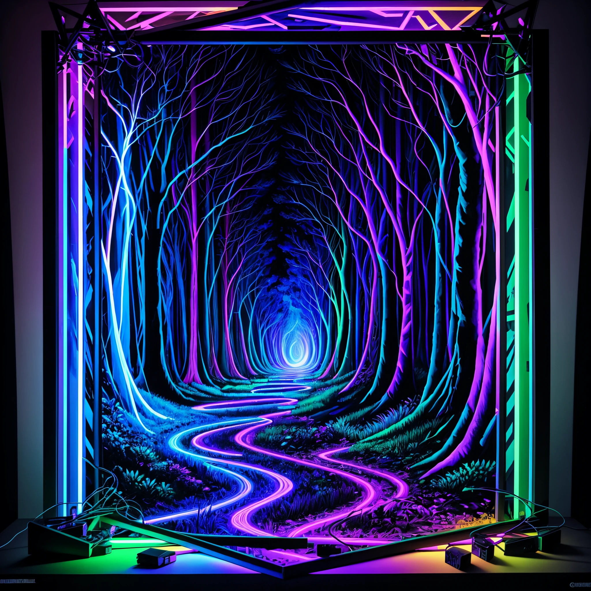 Blacklight draws a path to the center of the frame, Hejig, dark vibrant colors, a 3D render, Computer, circuit, motherboard, electric cables, at a forest，（black light art draws this painting：1.5）