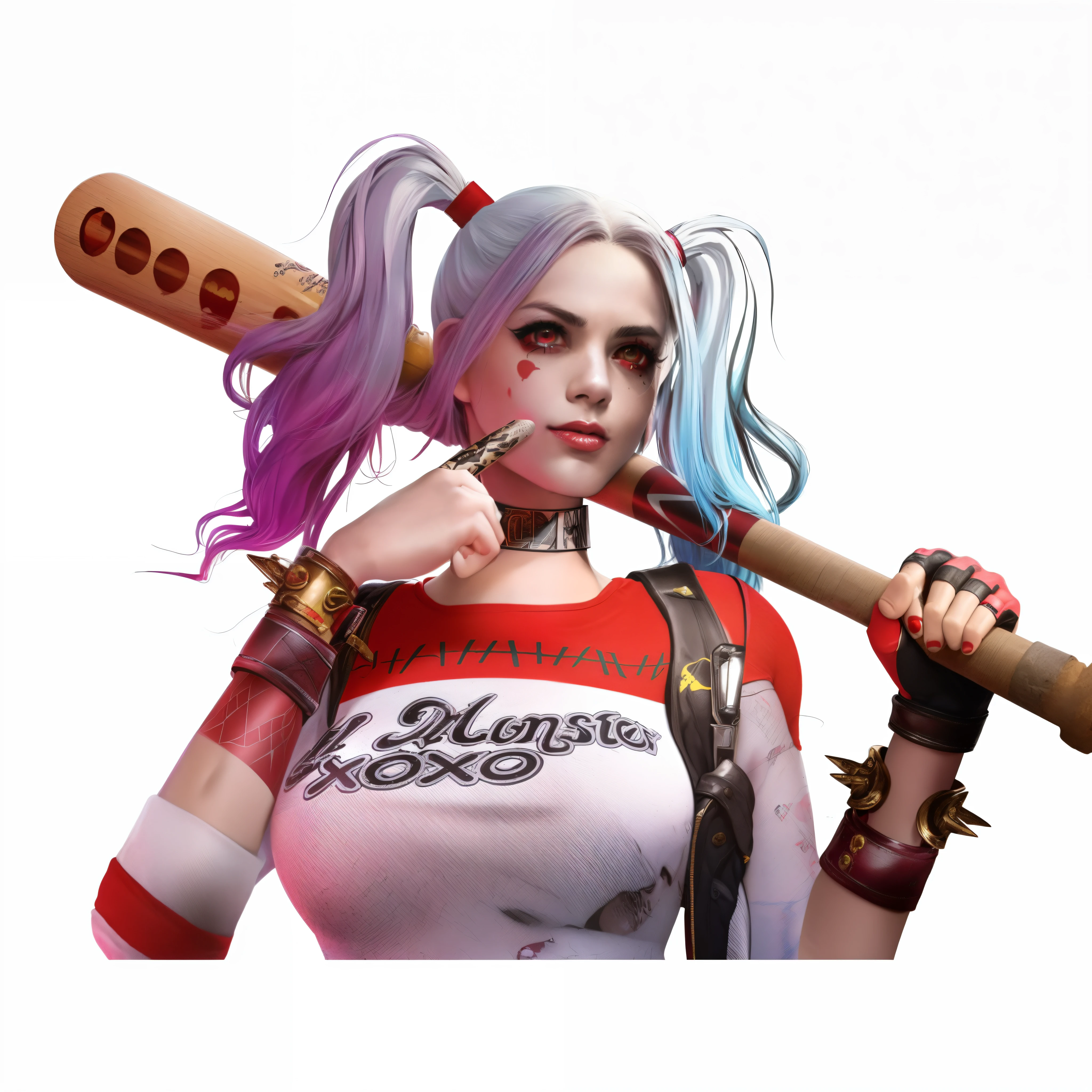 Alafi holding a baseball bat，Wear a shirt, Harley Quinn, harley queen, Harley Quinn, Portrait of Halle Quinn, Harley Quinn Station, Highly detailed iconic characters, hq artwork, videogame character, Harley Quinn movie stills, fighting game character, Black Harley Queen Cosplay, 3d rendered figure art 8k, render of april