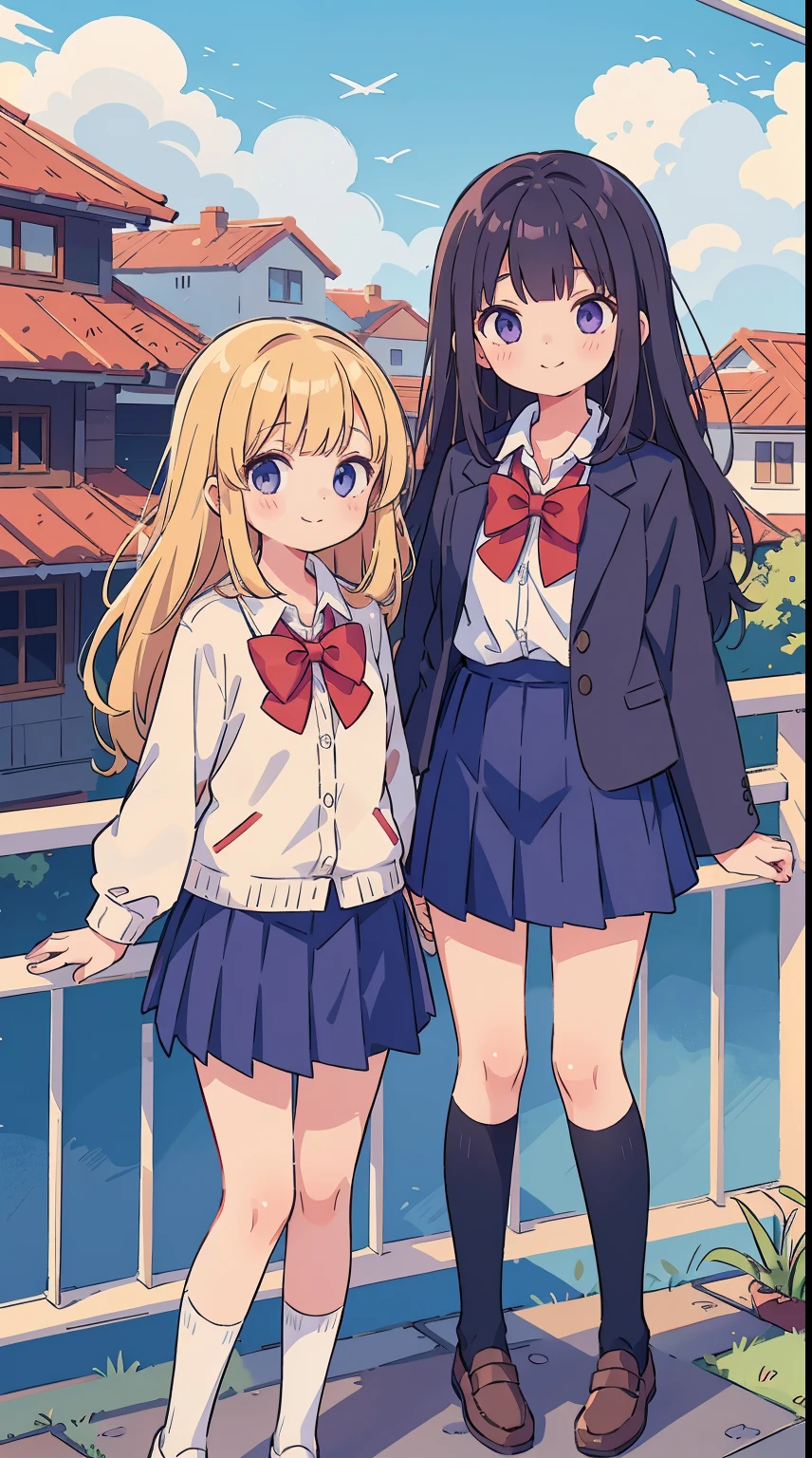 two anime girls in school uniforms posing next one another on a balcony, multiple girls, skirt, 2girls, bow, school uniform, thighs, smile, blonde hair, long hair, socks, looking at viewer, jacket, bowtie, pleated skirt, outdoors, purple eyes, blue eyes, collared shirt, sky, shirt, bangs, closed mouth, white shirt, black hair, blazer, day, kneehighs, long sleeves, blue sky, red bow