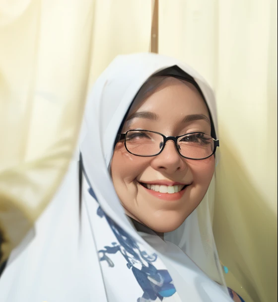 smiling woman in a headscarf and glasses standing in front of a curtain, faridah malik, h. kyoht luterman, inspired by Ingrida Kadaka, protrait, full protrait, selfie photo, kuntilanak, teacher, picture, muira, ayamin kojima, potrait, mother sarah artist, hannah yata, non blurry
