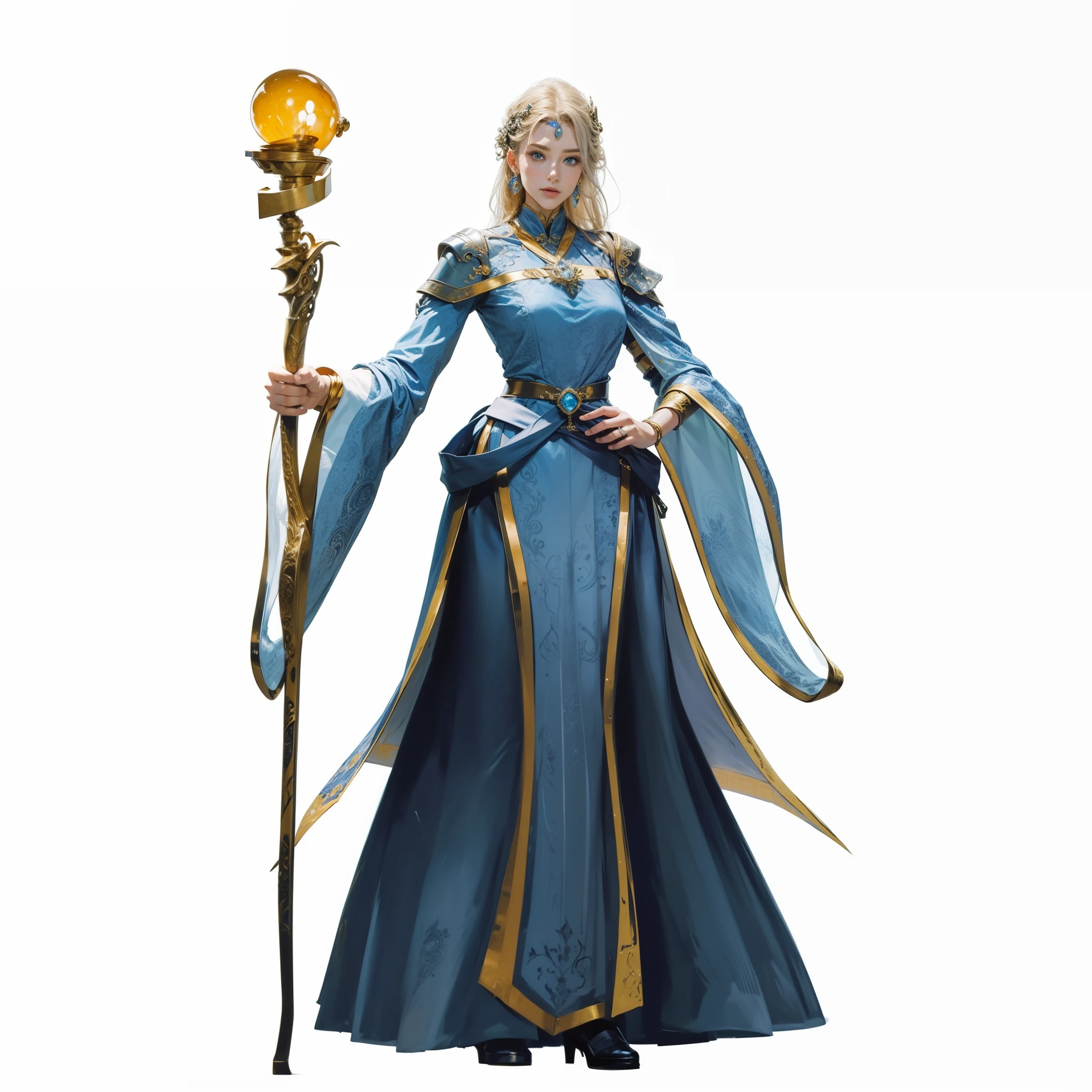 The cloth，evening formal robes，offcial dress，mages，Staff，sceptre，Leather，blue eyes，Beutiful women，bow and arrow，Leather，metals，ssmile，low head，small loli，Teenage girl，Humanity，the face，the hair，Hairline，woman's face，femele，combed hair，maam，heads，the face，jewely，precious stones，diamond，flashy clothes，obi strip，Decorative style，metals，metals，golds，kinako，Cloth pleats，precious stones，32K ，（tmasterpiece，top-quality，best quality，offcial art），（8K，best quality，tmasterpiece：1.2），（（（white backgrounid，）））（Godas/Baoxiang），Fantastical，European people，medieval times