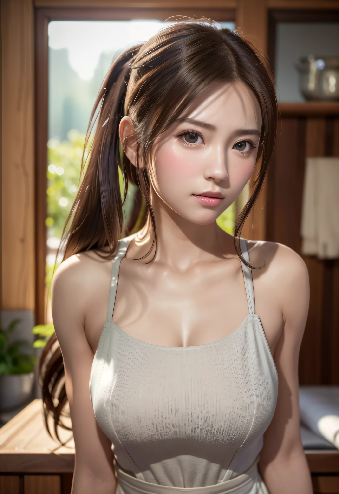 8K, of the highest quality, masutepiece:1.2), (Realistic, Photorealsitic:1.37), of the highest quality, masutepiece, Beautiful young woman, Pensive expression, Gentle eyes, Apron naked、full of shyness、Hair tied back, Messy mood, Cinematic background, Light skin tone