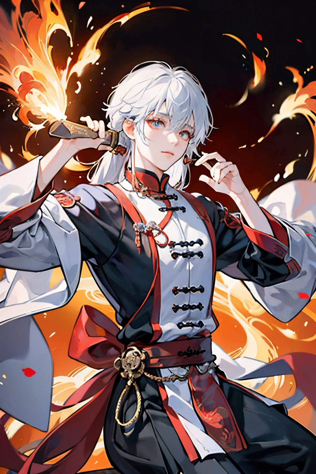 chinese style,中景The scene is,Taoist monk standing in front of Chinese characters,White Hair,Stretch your hands.,Long hair is messy.,Glow effect,Hyper-Realistic,Ultra realsisim images,Chinese ink style,The fire is on fire.,red black,blemish,ink,10,Super Resolution,High Quality,(((OC renderer)) information