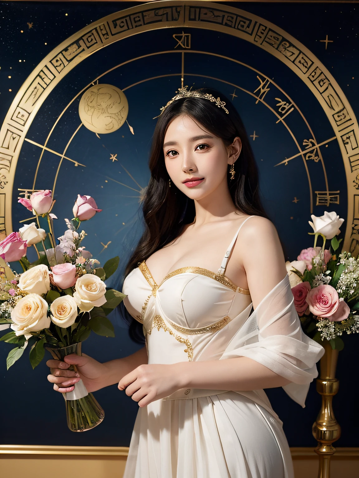 12 zodiac signs,quantum mechanics、Math、Astronomical machinery、astronault、Roses in a vase、fruits、,Colossal ,A smile、Ancient Greek costumes、Paintings by Sandro Botticelli。Costume with stretched shoulders,huge smile,Chiaroscuro of Caravaggio,Cute smile, Expression of ecstexy,Cute se,Smile with joy