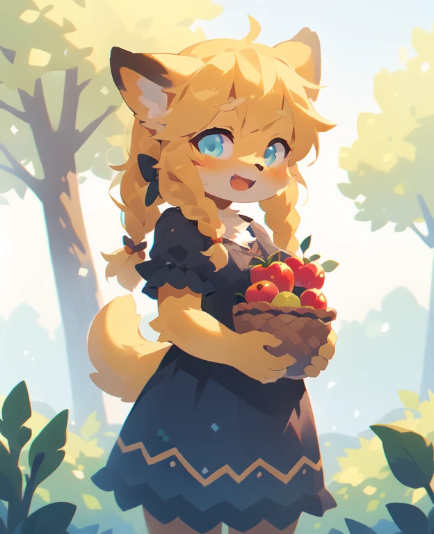 1girl, solo, twintail, twin braids, bow, apple, :d, looking at viewer, holding basket of apples, (blue dress), yellow hair, outdoors, cowboy shot,, (best quality, masterpiece, illustration, ultra-detailed:1.3), (uploaded on e621, furry, anthro, kemono:1.3)